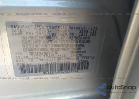 2016 Nissan Sentra Sv from USA, damaged, VIN 3N1AB7AP1GY212718